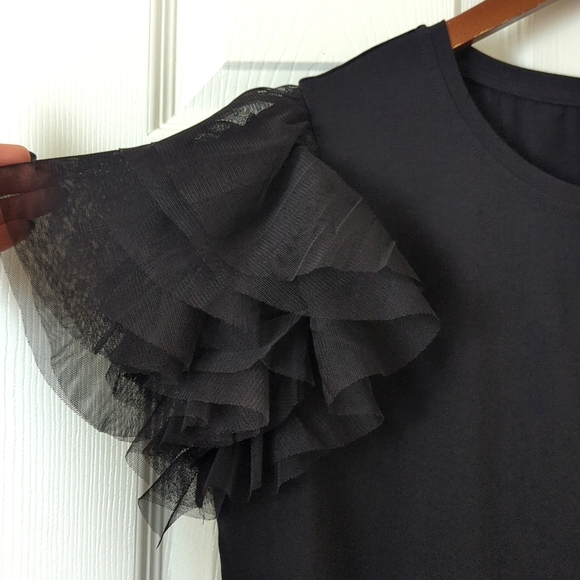 Joie Flirty Ruffled Tiered Tulle Short Sleeve Lightweight Crewneck Top Black L - Picture 3 of 9
